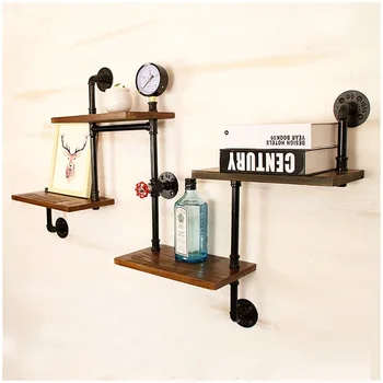 

Iron Water Pipe Rack Solid Wood Word Shelf Retro Decoration Industrial Bookshelf Hanging Wall Home Office Bookshelf Organizer