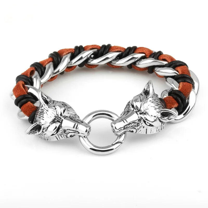 Стильный мужской браслет из нержавеющей стали с двумя волчьи головы, мужской коричневый браслет из натуральной кожи с волком, подарок 8,66"