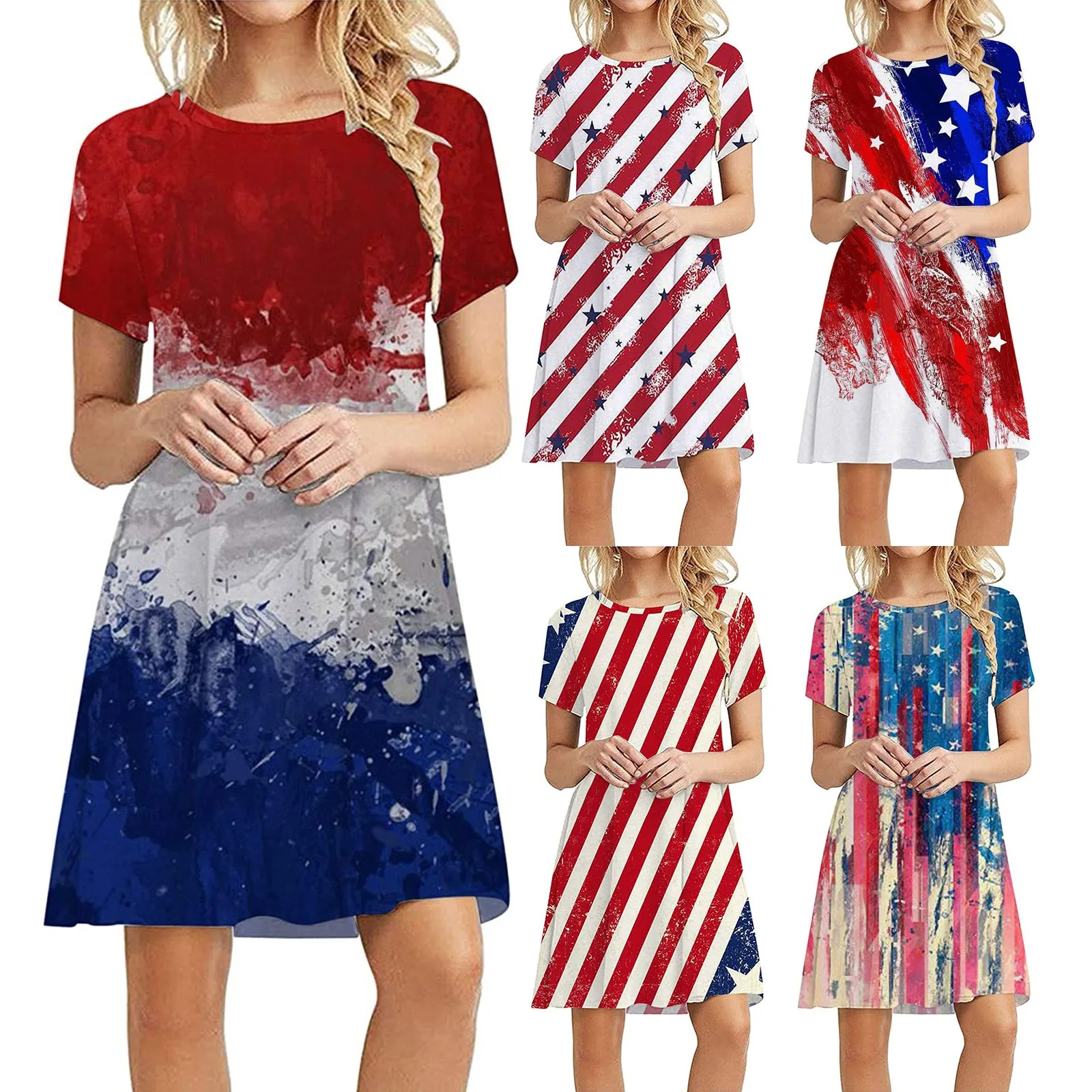 Dress Women's Summer Fashion Casual Short Sleeve Dress O-Neck Ladies Independence Day Printed Dress Vintage Vestido mujer femme 1