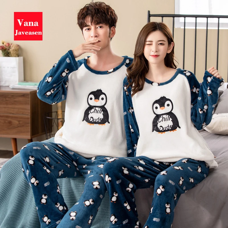 Vana Javeasen осенне-зимние фланелевые парные пижамы, комплект с круглым вырезом размера плюс, домашняя пижама, 2 шт., повседневная женская и Мужская одежда для сна, одежда для сна