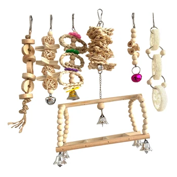 

7pcs/set For Parrots Perches Stand Parakeets Exercise Finches Swing Hanging Bird Toy Pet Gifts Cage Accessories Natural Wood