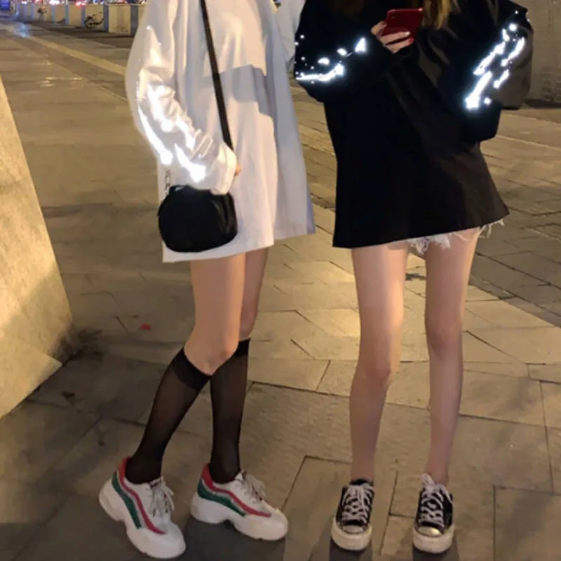 Женская футболка, осенняя, негабаритная, Harajuku, футболка, уличная, крутая, с принтом, футболка, лазерный светоотражающий Топ, приталенная, модная, футболка