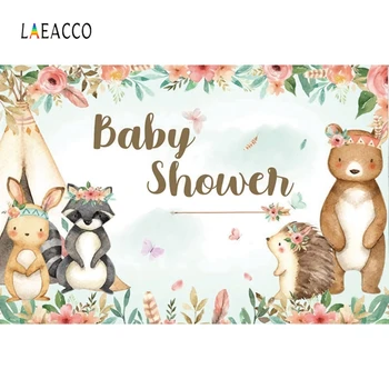 

Laeacco Baby Shower Photophone Jungle Forest Animals Photo Background Tent Flowers Grass Photography Backdrop Birthday Photozone