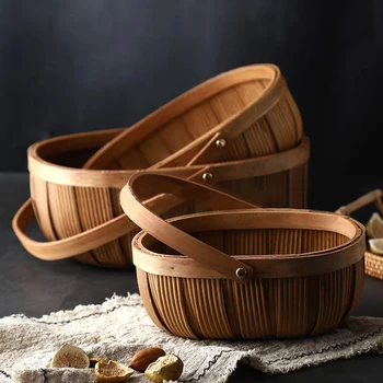 

Hand-woven Fruit Basket DIY Wicker Basket Empty Oval Willow Woven Basket Lager Capacity Picnic Basket With Foldable Handle