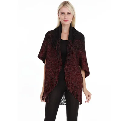 Winter Thick Knit Tassel V-neck Women Poncho Batwing Sleeve Cardigan Cape For Women Large Knitwear Coat Cotton Ladies Shawls - Цвет: Черный