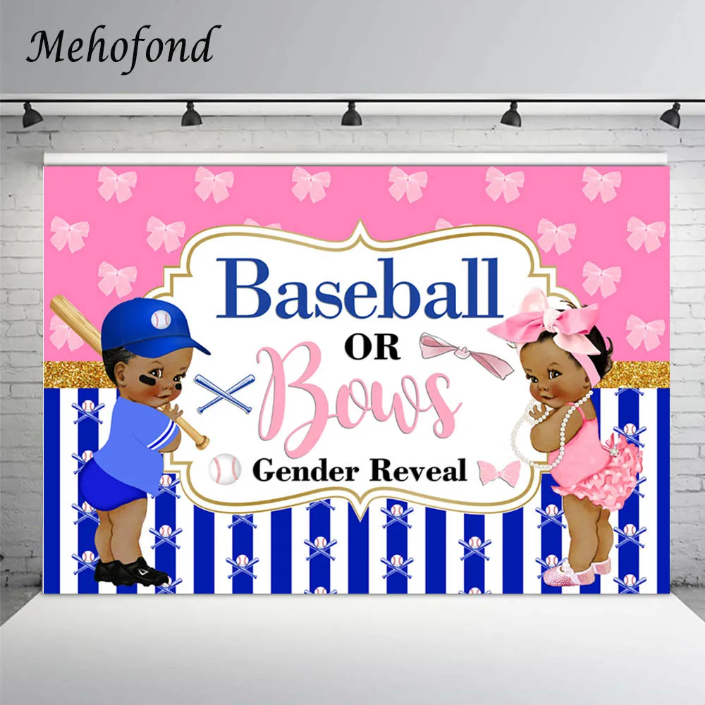 

Baseballs or Bows Gender Reveal Backdrop Boy or Girl Pink Blue Unisex Baby Shower Party Banner Decoration Photography Background