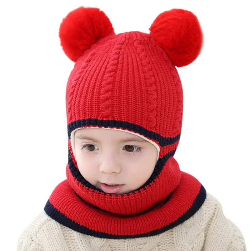 Emmababy new baby girl Balaclava Mask Fur hat winter Wool warm velvet Beanies Knitted Cap Kids pompom Gorras