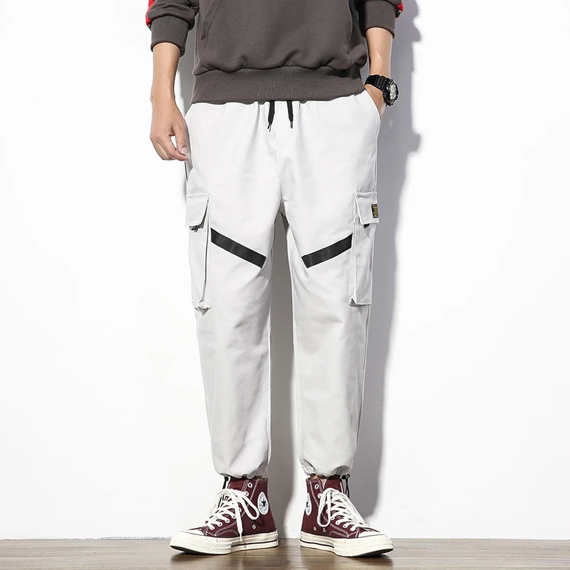 

Cargo Pants Men Streetwear Joggers SweatPants Cotton 5XL Plus size Loose Elastic Waist Casual Ankle length Trousers Black