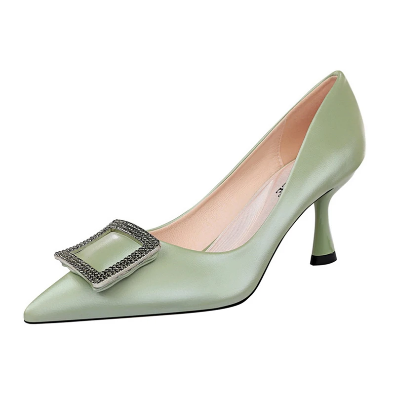 Tacones Mujer/Новинка года; женские туфли на низком каблуке 7 см; цвет зеленый, желтый, телесный; блестящие стразы; туфли-лодочки размера плюс
