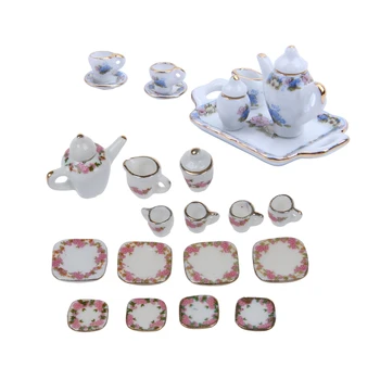 

1 set 1/12 Dollhouse Miniature Dining Ware Porcelain Tea Set & 1 set Porcelain ature Teapot Set Dollhouse Accessories