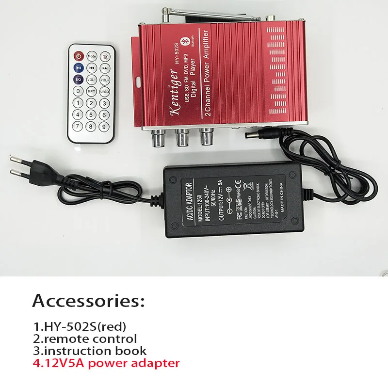 KENTIGER HY-502S 40 Вт мини Bluetooth усилитель Дистанционное управление USB/SD карты плеер FM Радио адаптер питания и AUX кабель дополнительно - Цвет: red with 12V5A power
