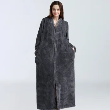 

2020 Winter Women's Long Sleepgown Oversized Flannel Solid Female Nightwear with Pockets V Neck Loose Thick Casual Sleepwear