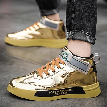 

2019 New Fashion Men Sneakers Anti-Slip Young Boy Casual Shoes Mid-Top Patent Leather Shoes Men Brand Casual Footwear For Mens