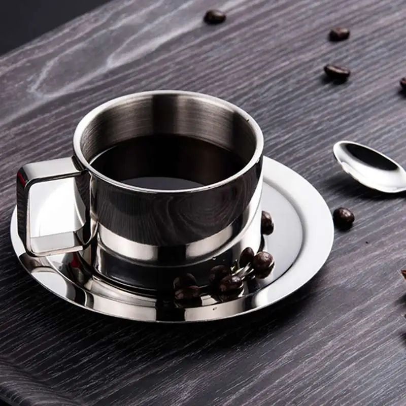 200ml Stainless Steel Espresso Coffee Cup Saucer Spoon Set 304 Double