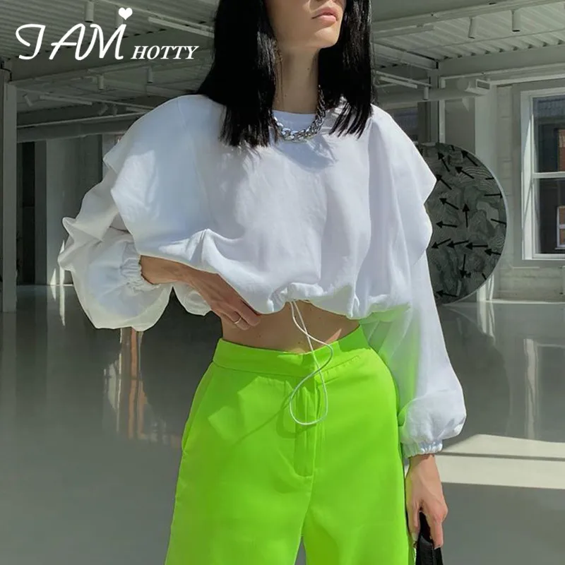 

IAMHOTTY Solid Croped Drawstring Hoodies Women Patchwork Long Sleeve Sporty Gym Sweatshirt Female Kpop Clothes Aesthetic Top 90s