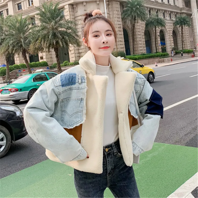 price cut  Stylish Color Blocking Denim Fabric Patchwork Lamb Wool Coat Women Thick Warm Winter Jacket Woman F