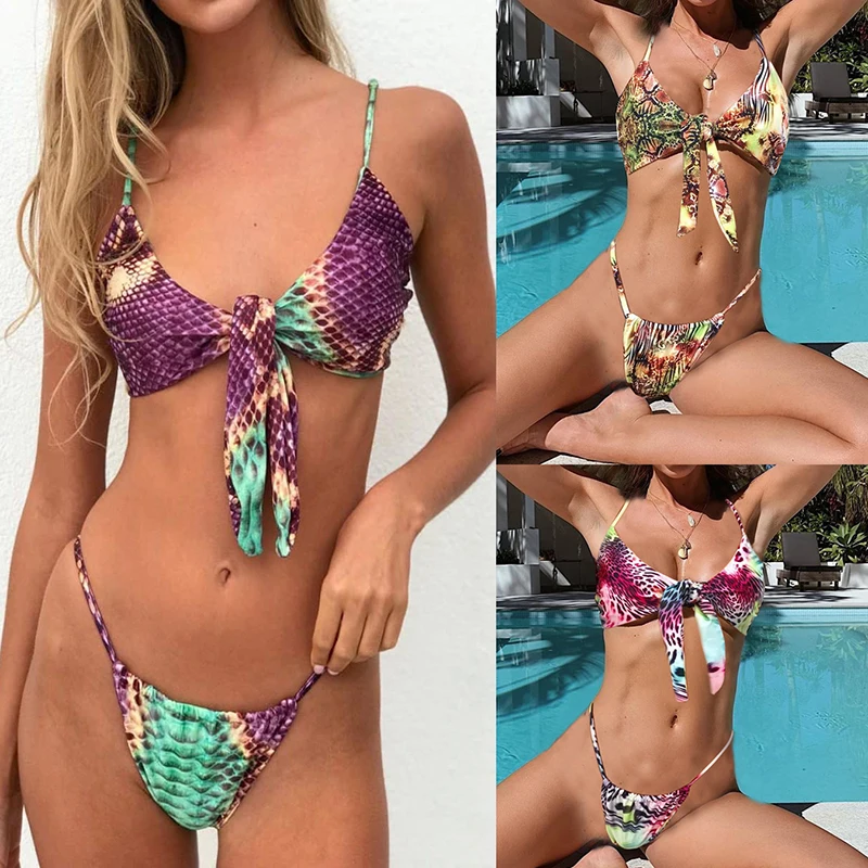 

Women Brazilian Sexy Snake Leopard Bow High Waist Beach Bikini Female Thong Strap Padded Swimwear Mujer Padded Swimsuit Biquini