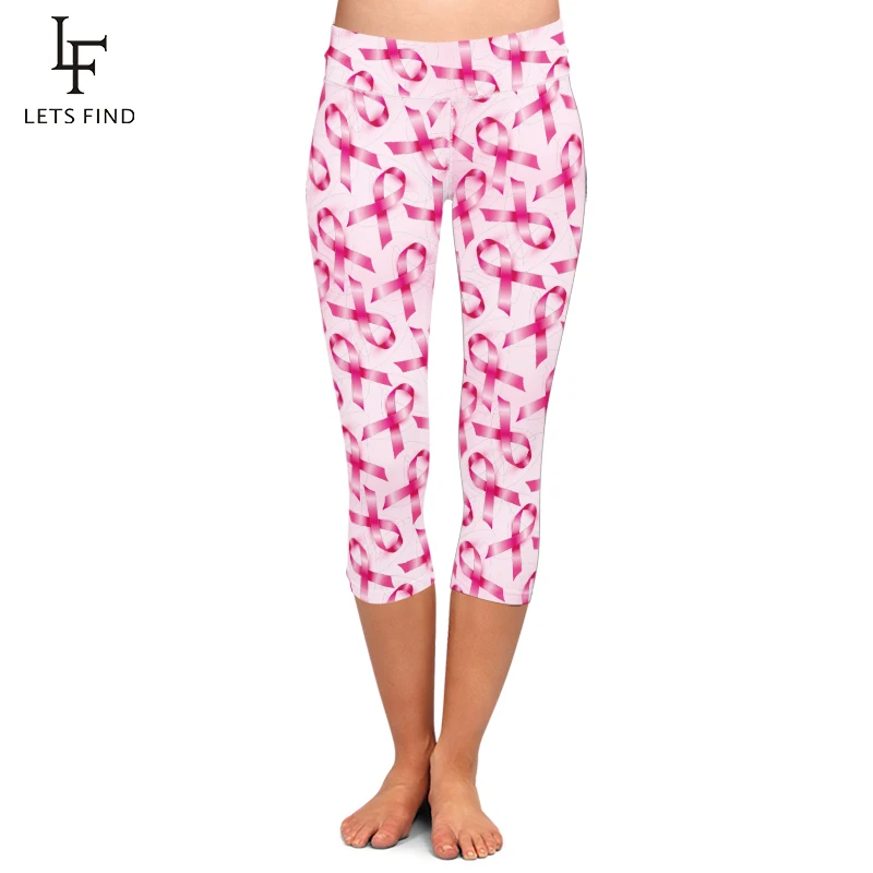 LETSFIND High Quaility Soft Milk Silk Pink Ribbon Print Women Fitness Capri Leggings High Waist Plus Size Stretch Leggings LETSFIND High Quaility Soft Milk Silk Pink Ribbon Print Women Fitness Capri Leggings High Waist Plus Size Stretch Leggings