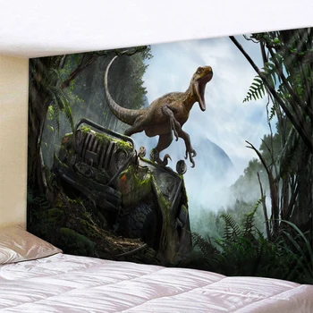 

Dinosaur on old car tapestry polyester printing background hanging fabric factory direct sales can be customized size