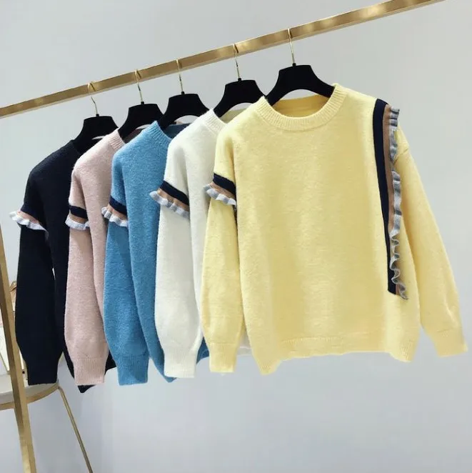 Корейский осенне-зимний женский свитер, пуловеры, вязаные милые свитера с оборками, женская одежда