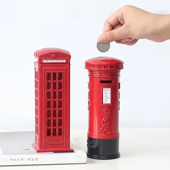 

Retro Metal Money Box Coin Bank Telephone Booth Model Post Box Model Kids Toy Bank Deposit Box Piggy Bank Stopper Home Decor