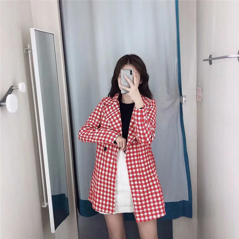 

2019 Europe And America Autumn New Style Elegant Slim Fit Fold-down Collar Long Sleeve Thousands of Birds Suit Jacket Women's 79