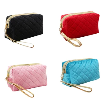 

AA Women Solid Color Geometric Handbag Soft Velvet Toiletry Bag Large Capacity Makeup Storage Pouch with Wristlet for Ladies