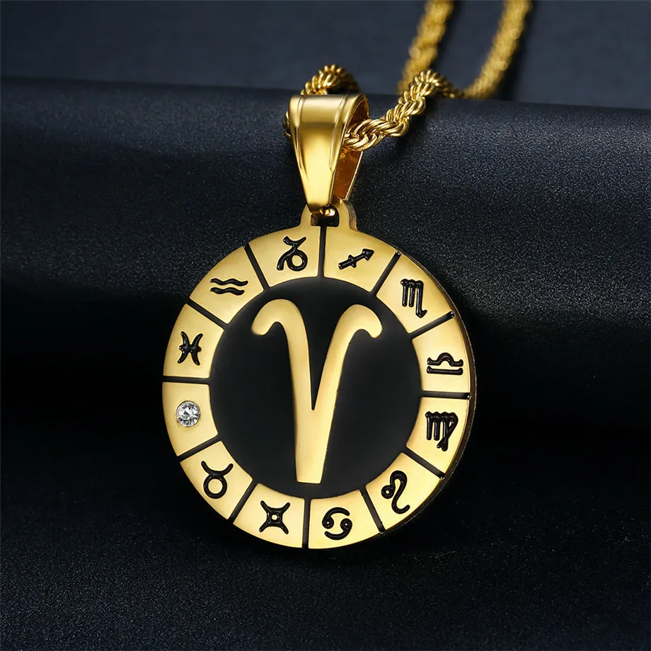 Men's Women's Zodiac Sign Aries Leo Scorpio Pendant Necklace Gold Color Stainless Steel 12 Constellations Jewelry Dropshipping
