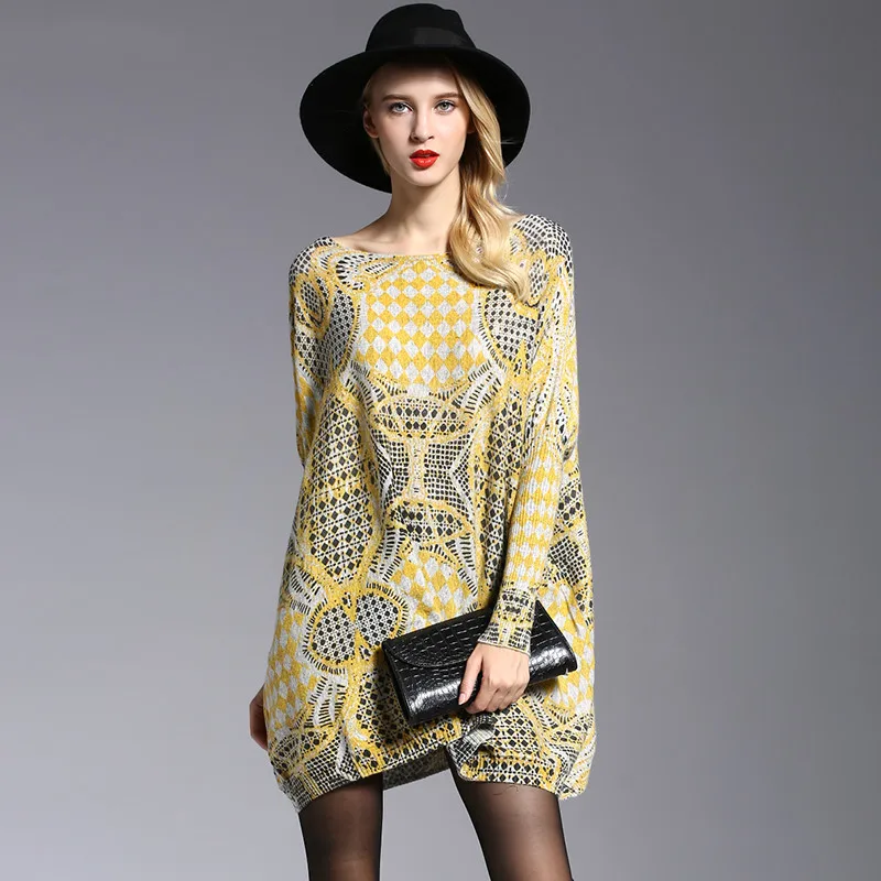 

Spring Fall Sweater Women Oversized Yellow Dress Casual Print Knitted Pullovers Winter Fashion Long Batwing Sleeve Pull Femme