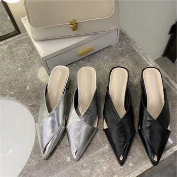 

2020 Summer Women Slippers Silver Luxury Designers Square Heel Leather Mules Shoes Sexy Pointed Toe Slipper Woman Casual Slides