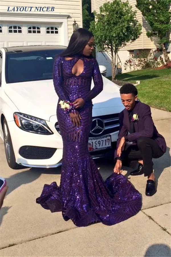 

Sparkly Sequined Mermaid Prom Dresses New Long Sleeve High Neck Sweep Strain Simple Formal Evening Gowns Party Dress