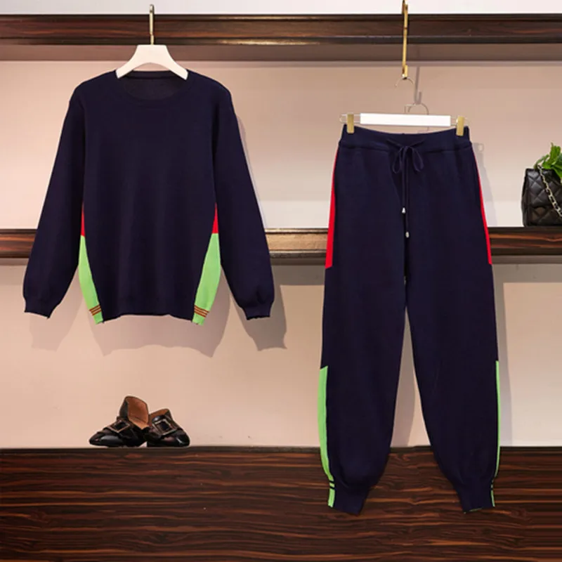 

High Quality Women's Knitting Two Piece Long Sleeves Color Collision Splicing Knitting Pullover+Long Pants Motion Set Enlarged