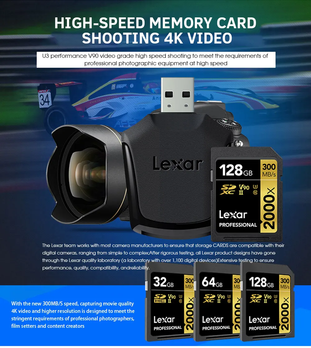 Lexar профессиональная sd-карта 2000x300 МБ/с высокоскоростная SDHC SDXC 32 Гб 64 Гб 128 ГБ UHS-II U3 карта памяти для видео 4K Full HD