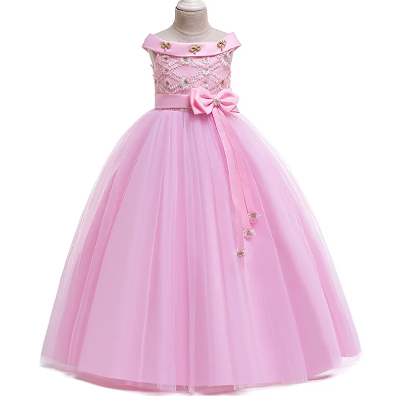 Розничная продажа, новый дизайн, розовое платье высокого качества с цветочным узором для девочек, детское платье принцессы для свадебной
