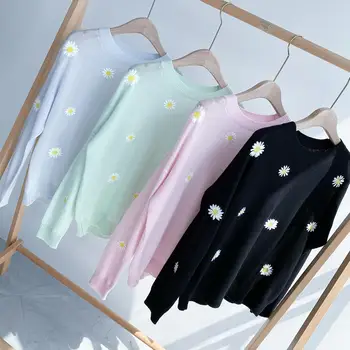 

Daisy Flowers Embroideried Womens Knitted Sweater Sweet Cashmere O-neck Knitwear Jumpers Autumn Winter Long Sleeve Pullover Top