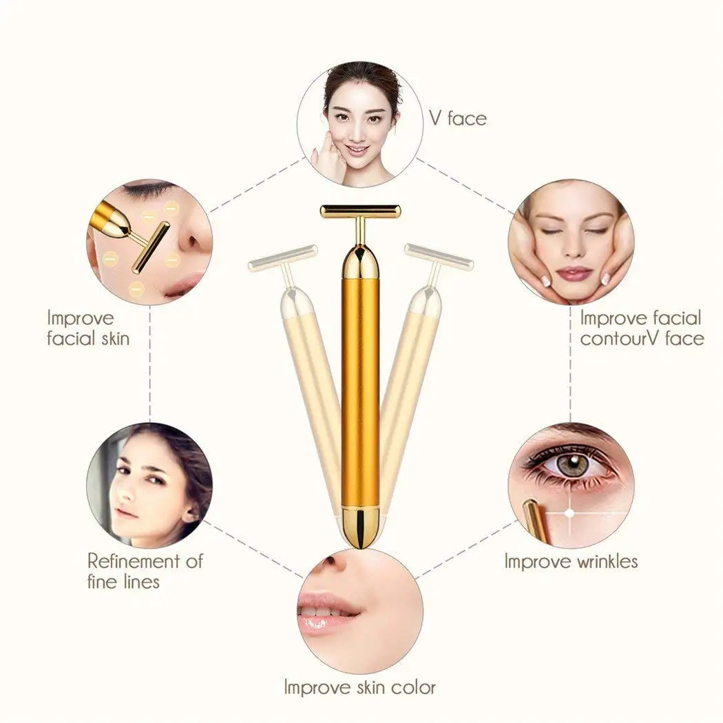 24k Gold Face Lift Bar Roller Vibration Slimming Massager Facial Stick Facial Beauty Skin Care T Shaped Vibrating Tool with Bag 2