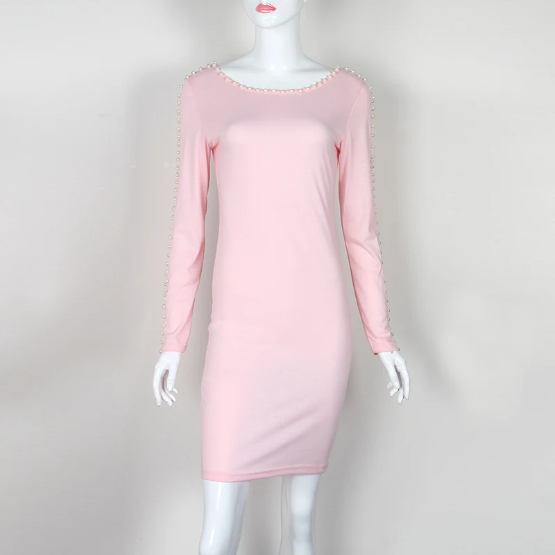 Сексуальные Клубные вечерние посылка, повседневные платья размера плюс, женское весеннее мини-платье с бисером на бедрах, Femme TRobe, с длинным рукавом, облегающее платье M0547 - Цвет: Pink