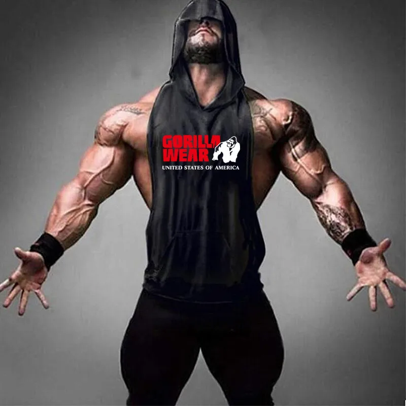 

Gorilla print Hooded Tank Tops Bodybuilding Men Gym Short sleeve Shirt Fitness Top Sports Cotton Vest Summer Undershirt For Men
