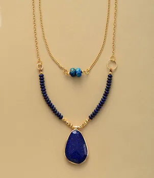 Trendy Blue Natural Stone Lapis Pendant 2 Layers Short Chokers Necklaces Unique Fashion Gems Teengirl Jewelry Wholesale Dropship