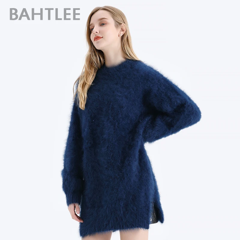 BAHTLEE женский Ангорский пуловер джинсовый синий свитер осеннее зимнее, связанное из шерсти джемпер с длинными рукавами с круглым вырезом свободный стиль