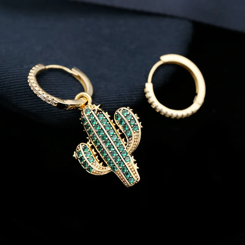 

earrings for women fashion jewelry 925 silver pin rose gold Emerald Cactus earrings asymmetrically set with green zircon 10910