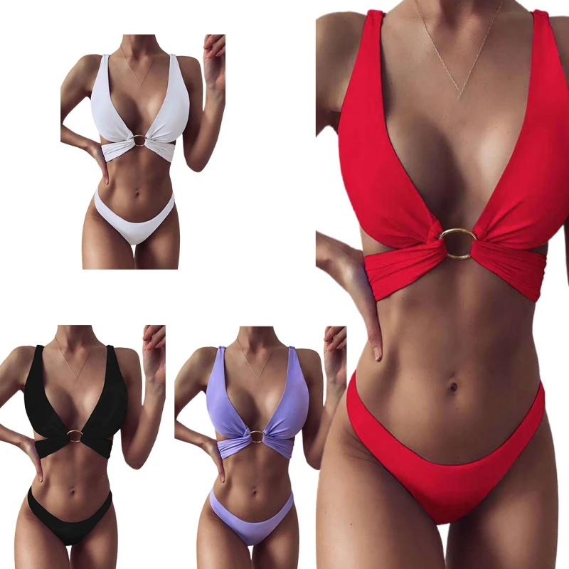 2021 New Sexy 2 Piece Bikini Set Spaghetti Strap V-Neck Push Up Padded Swimsuit Solid Color Low Waist High Cut Bathing Suit purple bikini set