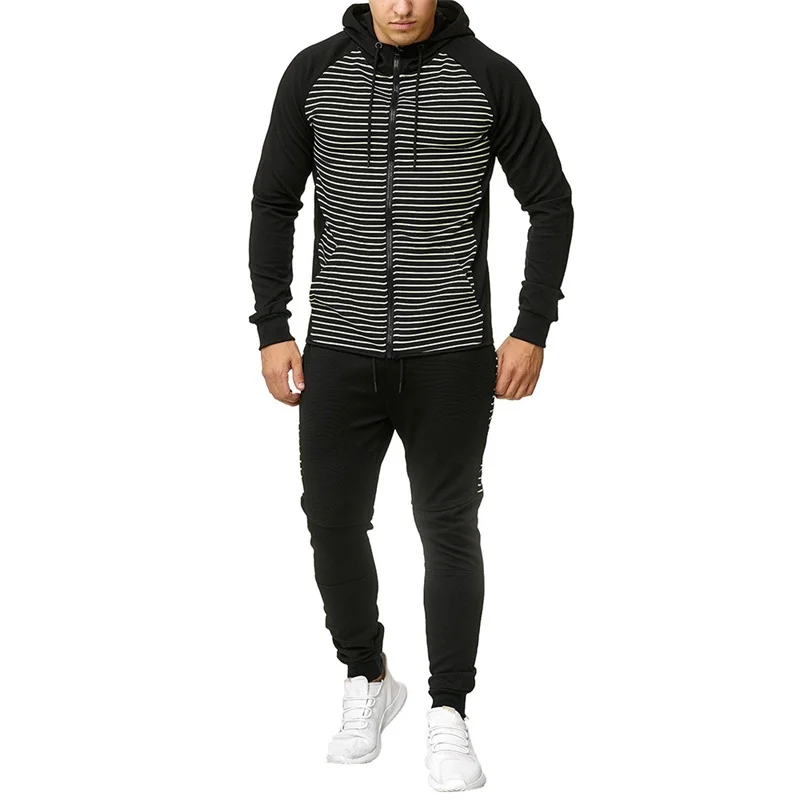 Great Value Red Stripe Men Suits Split Color EU Size  Zipper Hooded Men Suit Casual Slim Fit Two Pieces Suit (Jacket + Trousers)