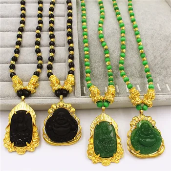 

gold plated beads necklace guanyin obsidian men and women with long don't rub off thick gold fashion accessories