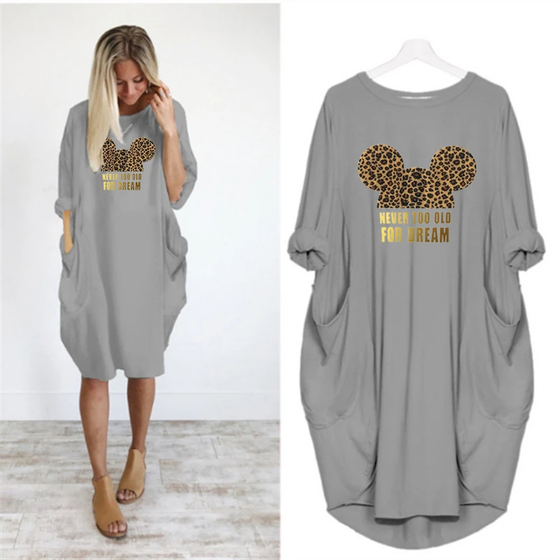 Dress Women Mickey Black Pocket Loose Dresses Vintage Fall Maxi Clothes Party Casual Dresses Woman Plus Size Leopard Dress