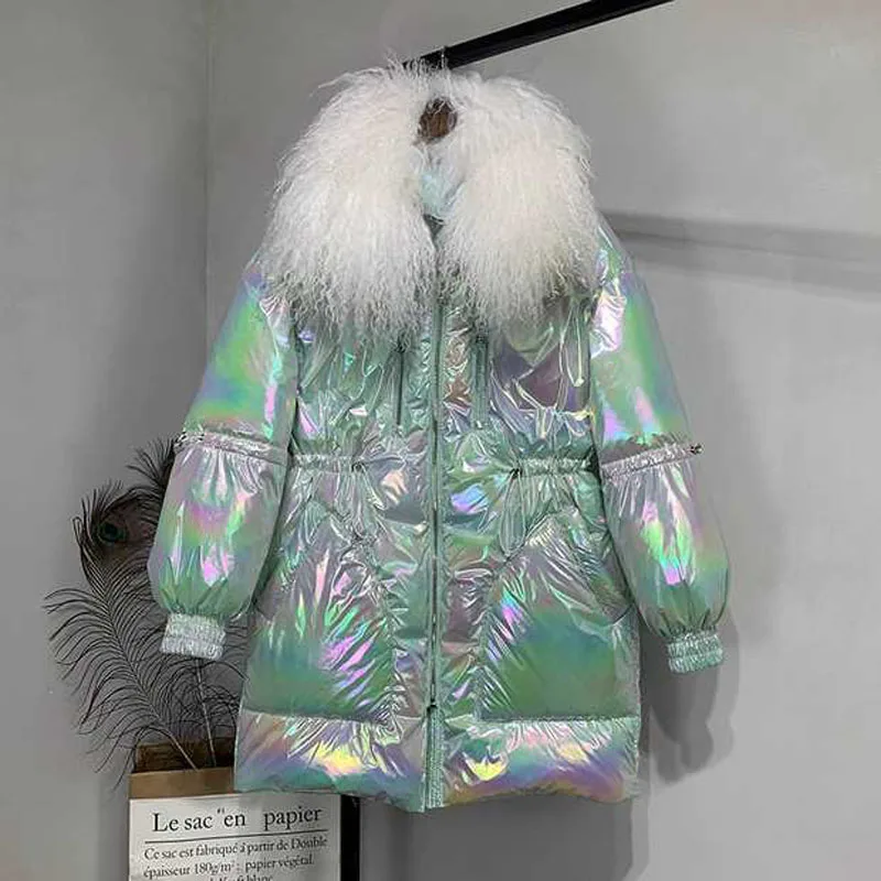 silver Яркий пуховик, новинка, модное зимнее пальто для женщин размера плюс, парка с натуральным мехом, овечий мех, воротник, теплая верхняя одежда - Цвет: silver