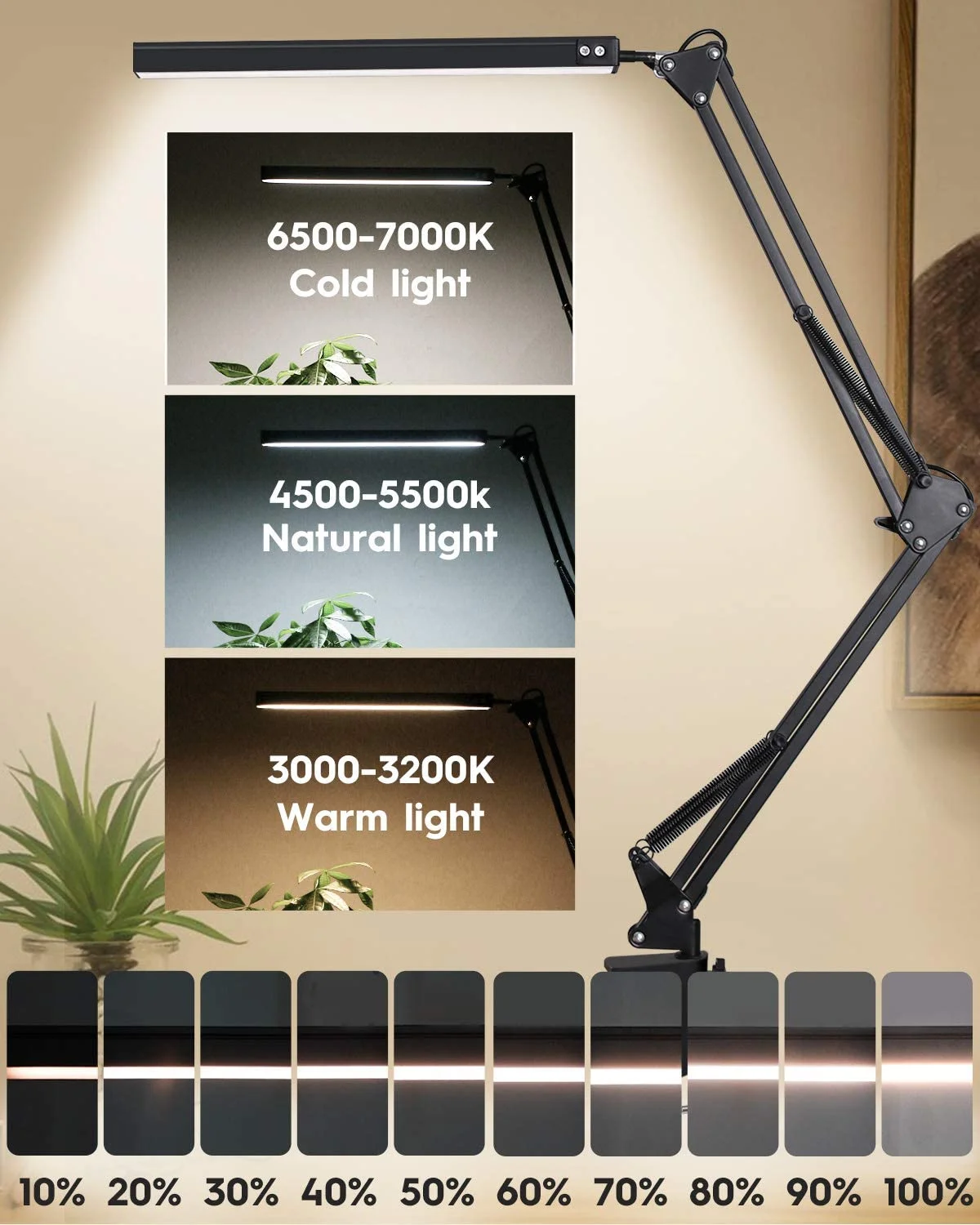 LED Desk Lamp with Clamp,Eye-Caring Table Lamps,Dimmable Office Lamp with USB Charging Port,3 Lighting Modes with 10 Brightness 3
