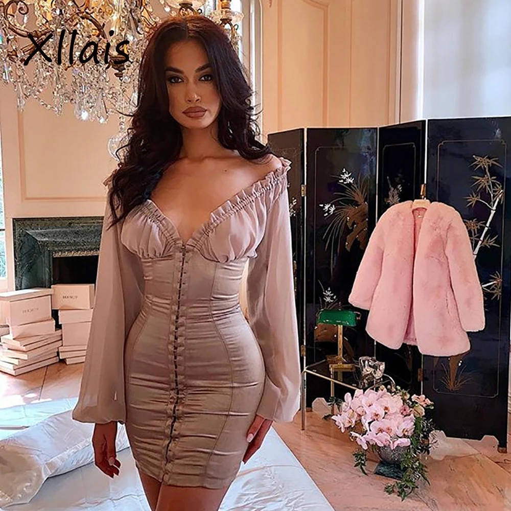 

XLLAIS 2019 Summer New Khaki Club Ruffle Dresses Women Full Sleeve Snug Pleated Mini Vestidos Womens Clothing Tihgt Dress