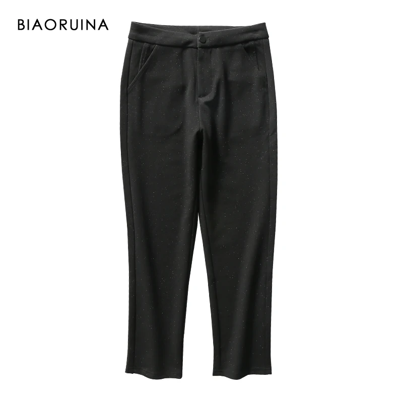

BIAORUINA Women's Sliver Dot Patchwork Fashion Black Ankle-Length Pant Office Lady High Waist Casual Straight Pant Trousers