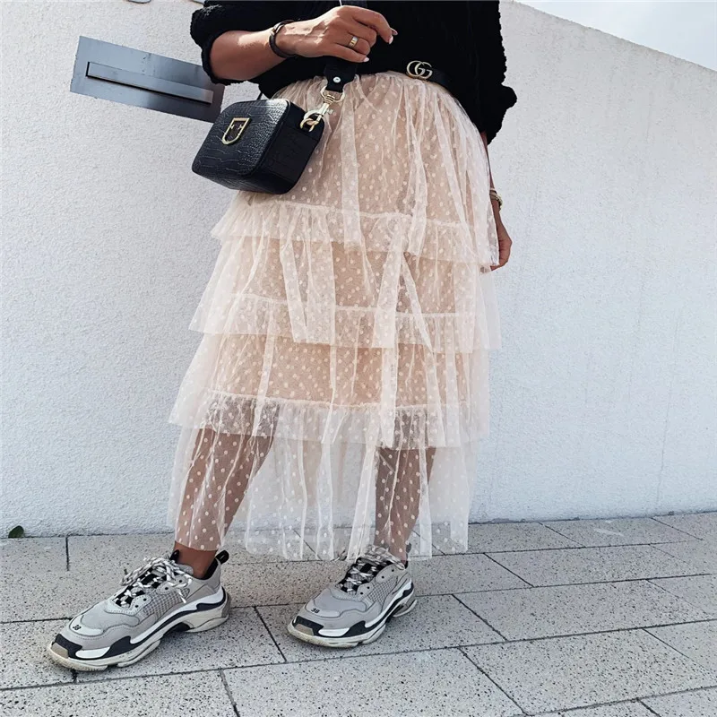Трендовая Женская одежда с геометрическим рисунком, повседневные сетчатые юбки-пачки с высокой талией, вечерние плиссированные юбки из тюля и хлопка